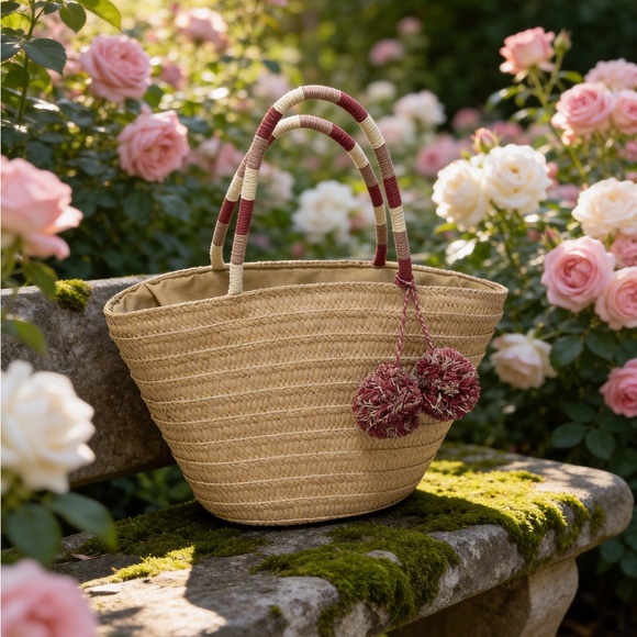 LOFT Woven Tan Tote with Red and Cream Pom Pom Accents - Picture 2 of 10